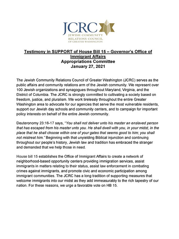 MD Testimony in SUPPORT of House Bill 15 – Governor’s Office of Immigrant Affairs