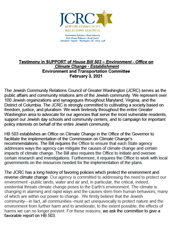 MD Testimony in SUPPORT of House Bill 503 – Environment - Office on Climate Change - Establishment
