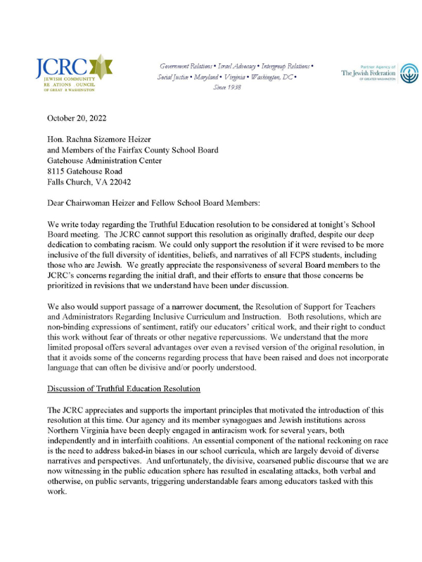 JCRC letter regarding Truthful Education resolution