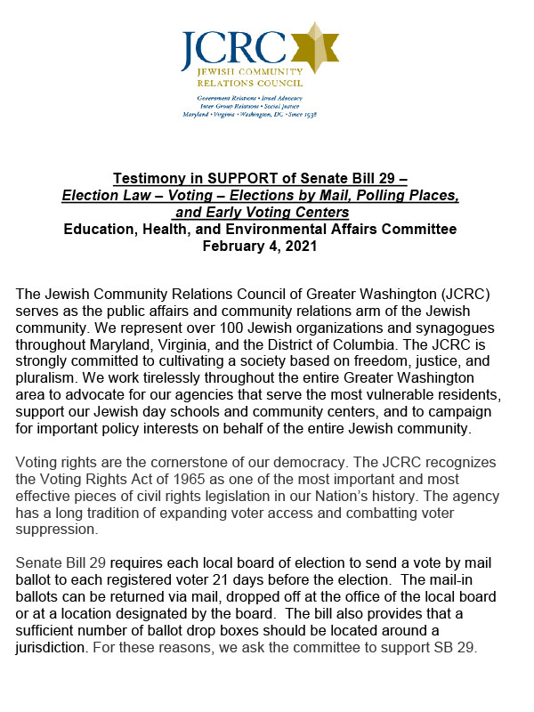 MD Testimony in Support of Senate Bill 29- Election Law-Voting-Elections by Mail, Polling Places, and Early Voting Centers