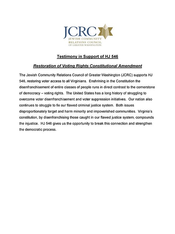 VA Testimony in Support of HJ 546 -Restoration of Voting Rights Constitutional Amendment