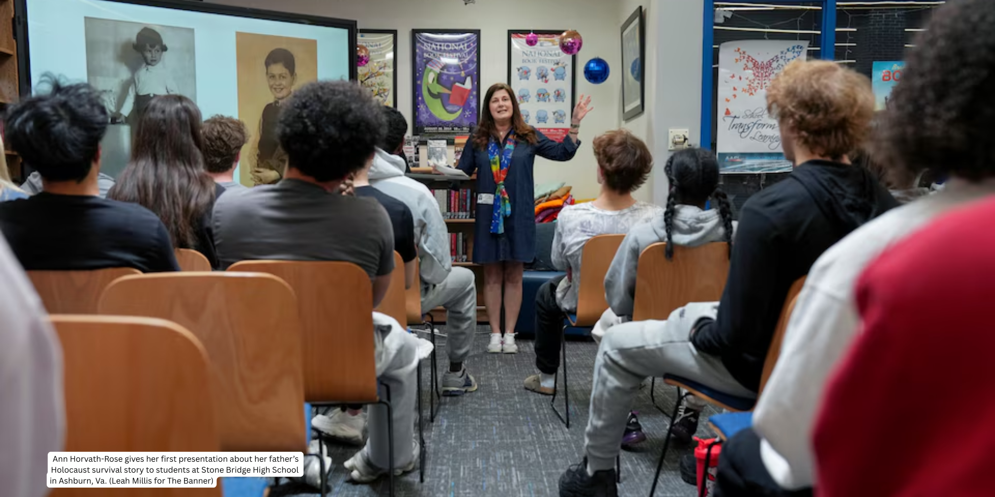 Ann Horvath-Rose gives her first presentation about her father’s Holocaust survival story to students at Stone Bridge High School in Ashburn, Va. (Leah Millis for The Banner)